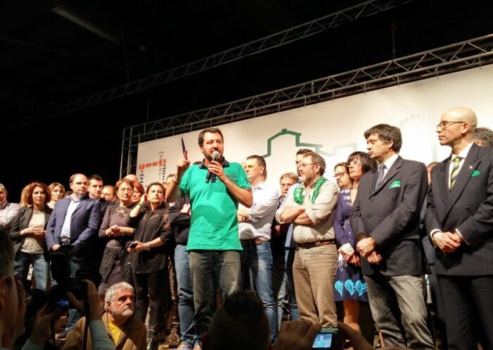 Matteo Salvini speaking on stage