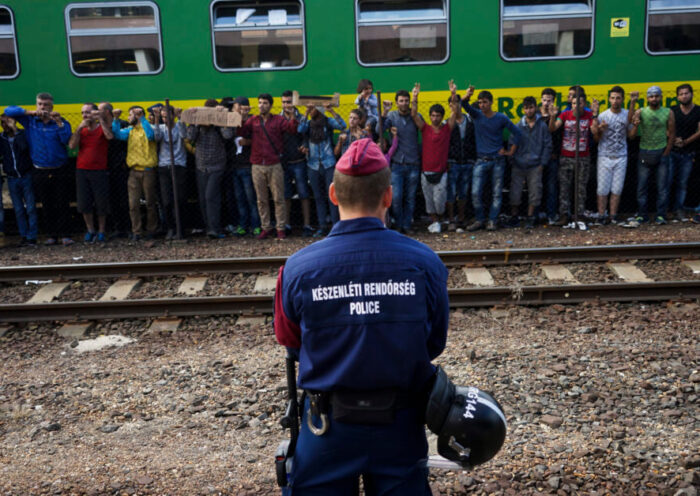 Syrian refugees strike at the platform of Budapest Keleti railway station