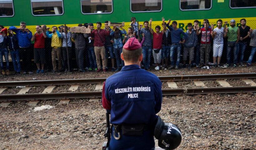 Syrian refugees strike at the platform of Budapest Keleti railway station