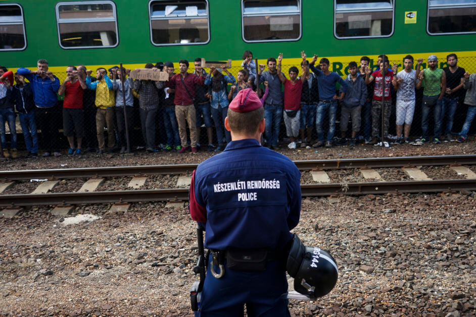 Syrian refugees strike at the platform of Budapest Keleti railway station