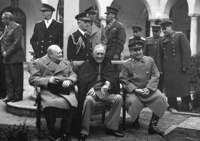 Conference of the Big Three at Yalta. Prime Minister Winston S. Churchill, President Franklin D. Roosevelt, and Premier Josef Stalin.