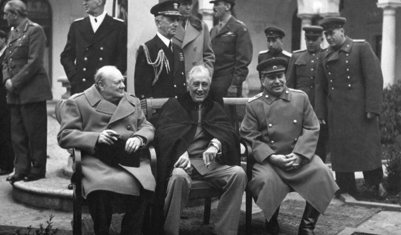 Conference of the Big Three at Yalta. Prime Minister Winston S. Churchill, President Franklin D. Roosevelt, and Premier Josef Stalin.