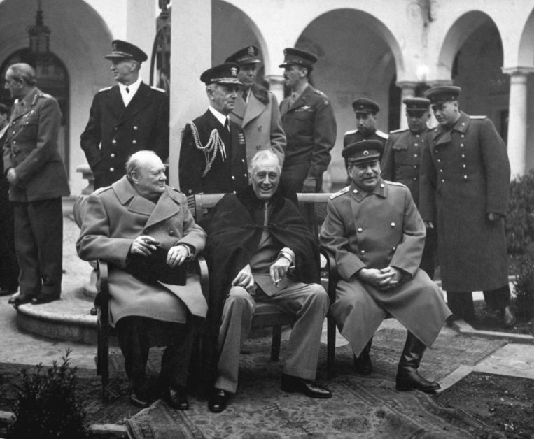 Conference of the Big Three at Yalta. Prime Minister Winston S. Churchill, President Franklin D. Roosevelt, and Premier Josef Stalin.